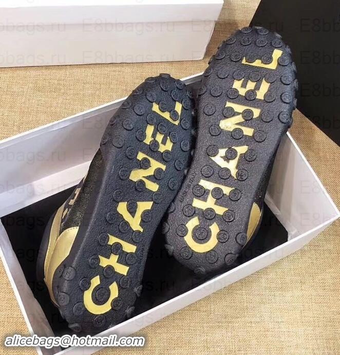 Good Quality Chanel Logo Metallic Lambskin and Fabric Sneakers G34086 Gold/Black/Bronze 2019