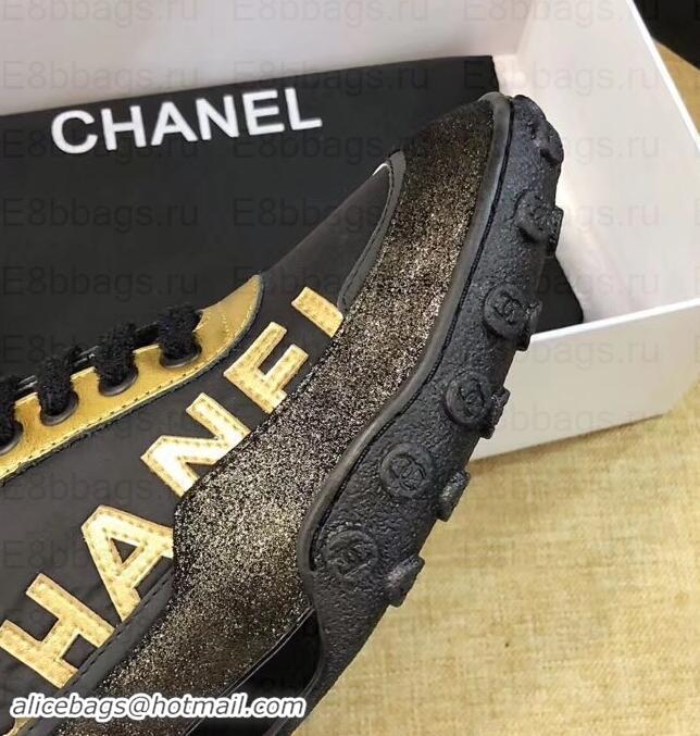 Good Quality Chanel Logo Metallic Lambskin and Fabric Sneakers G34086 Gold/Black/Bronze 2019