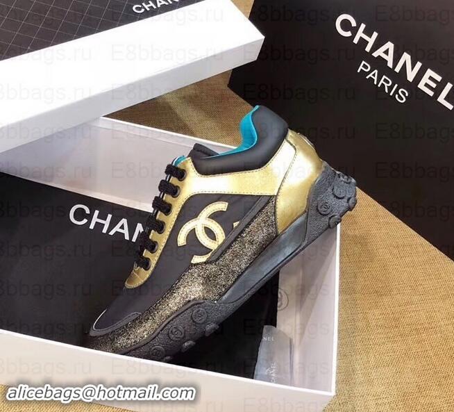 Good Quality Chanel Logo Metallic Lambskin and Fabric Sneakers G34086 Gold/Black/Bronze 2019