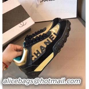 Luxurious Chanel Logo Metallic Lambskin and Fabric Sneakers G34086 Black/Gold 2019