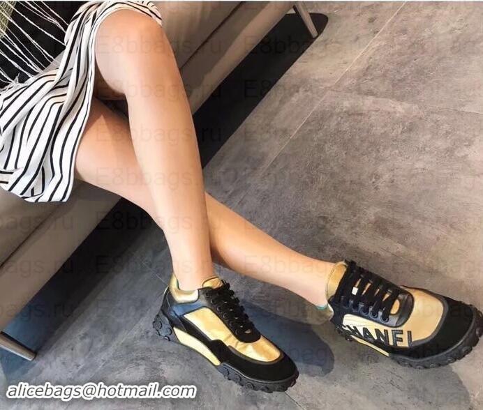 Luxurious Chanel Logo Metallic Lambskin and Fabric Sneakers G34086 Black/Gold 2019