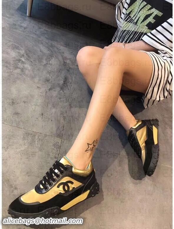 Luxurious Chanel Logo Metallic Lambskin and Fabric Sneakers G34086 Black/Gold 2019