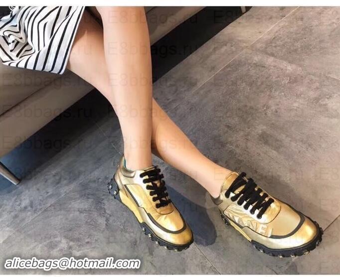 Top Grade Chanel Logo Metallic Lambskin and Fabric Sneakers G34086 Gold/Black 2019