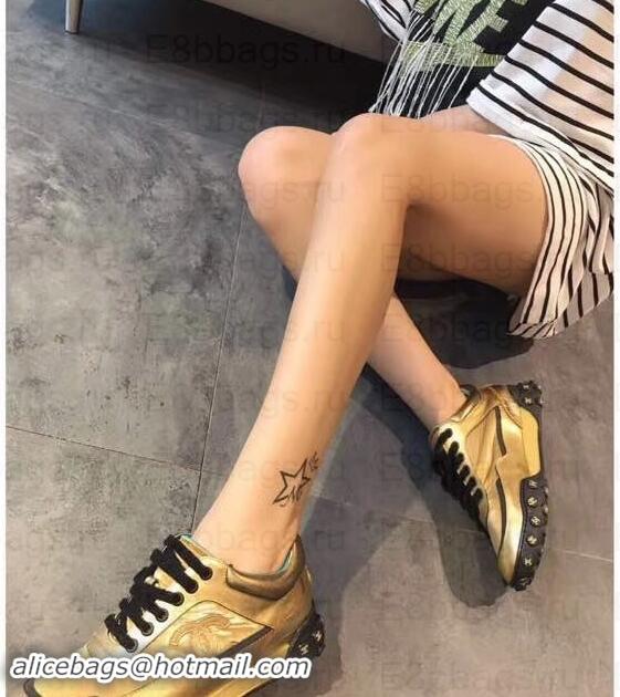 Top Grade Chanel Logo Metallic Lambskin and Fabric Sneakers G34086 Gold/Black 2019