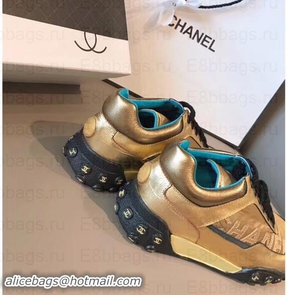 Top Grade Chanel Logo Metallic Lambskin and Fabric Sneakers G34086 Gold/Black 2019