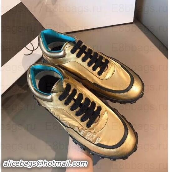 Top Grade Chanel Logo Metallic Lambskin and Fabric Sneakers G34086 Gold/Black 2019