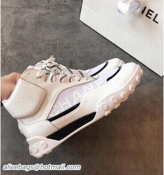 Top Design Chanel Logo Mesh and Fabric High-top Sneakers G34088 White 2019