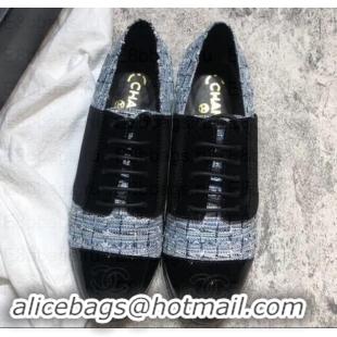 Good Quality Chanel Glittered Fabric/Patent Calfskin Lace-Ups G34128 Tweed Blue 2019