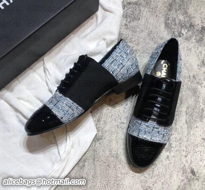 Good Quality Chanel Glittered Fabric/Patent Calfskin Lace-Ups G34128 Tweed Blue 2019