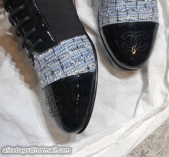 Good Quality Chanel Glittered Fabric/Patent Calfskin Lace-Ups G34128 Tweed Blue 2019