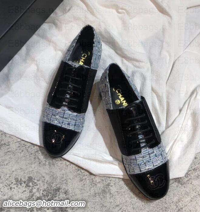 Good Quality Chanel Glittered Fabric/Patent Calfskin Lace-Ups G34128 Tweed Blue 2019