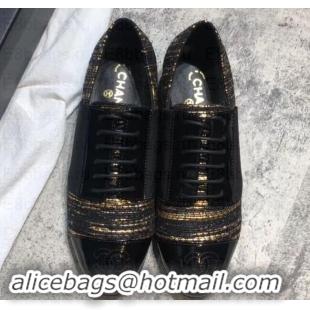 Luxury Chanel Glittered Fabric/Patent Calfskin Lace-Ups G34128 Tweed Black/Gold 2019