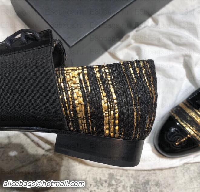 Luxury Chanel Glittered Fabric/Patent Calfskin Lace-Ups G34128 Tweed Black/Gold 2019