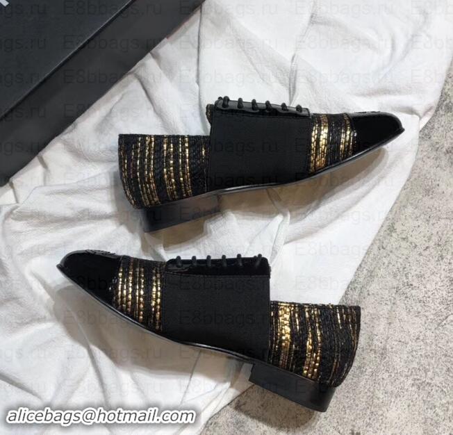 Luxury Chanel Glittered Fabric/Patent Calfskin Lace-Ups G34128 Tweed Black/Gold 2019