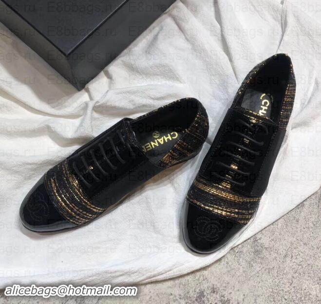 Luxury Chanel Glittered Fabric/Patent Calfskin Lace-Ups G34128 Tweed Black/Gold 2019