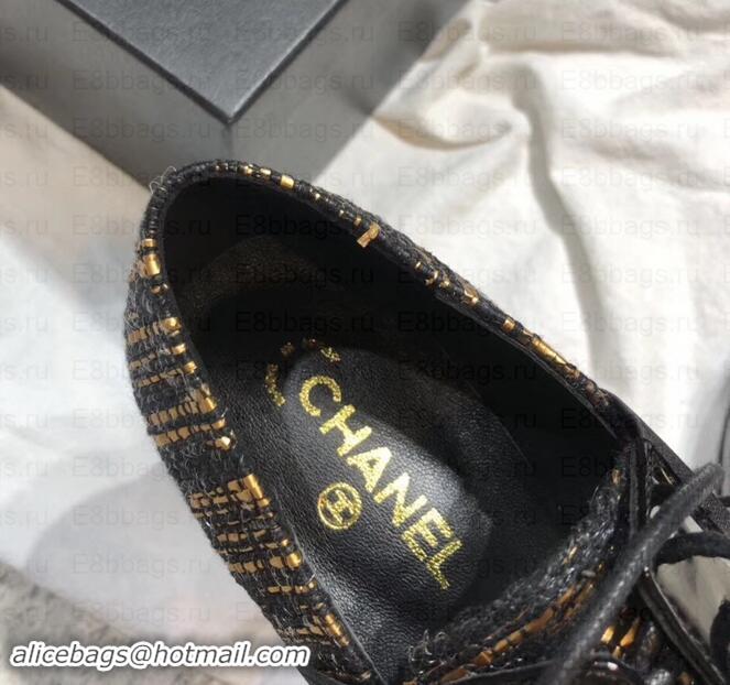 Luxury Chanel Glittered Fabric/Patent Calfskin Lace-Ups G34128 Tweed Black/Gold 2019