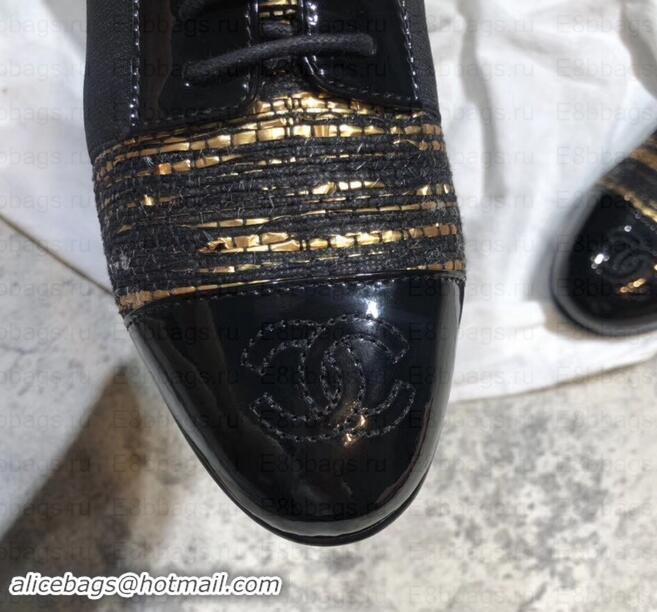 Luxury Chanel Glittered Fabric/Patent Calfskin Lace-Ups G34128 Tweed Black/Gold 2019