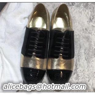 Stylish Chanel Glittered Fabric/Patent Calfskin Lace-Ups G34128 Metallic Gold 2019