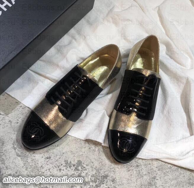 Stylish Chanel Glittered Fabric/Patent Calfskin Lace-Ups G34128 Metallic Gold 2019