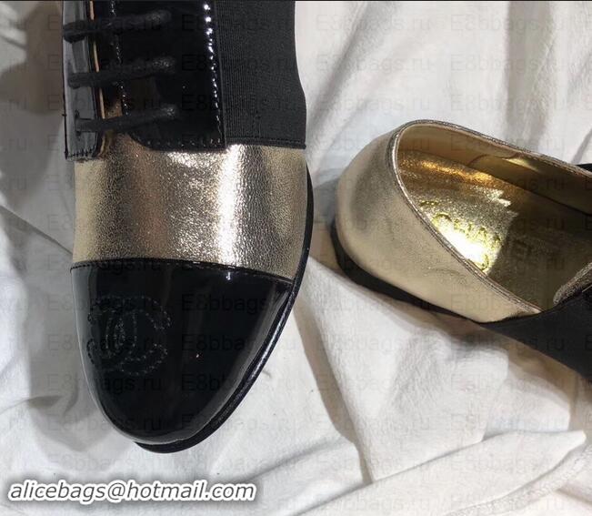 Stylish Chanel Glittered Fabric/Patent Calfskin Lace-Ups G34128 Metallic Gold 2019