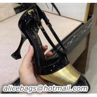 Discount Chanel Heel 9cm Patent Black/Embossed Matte Calfskin G34129 Gold Pumps 2019