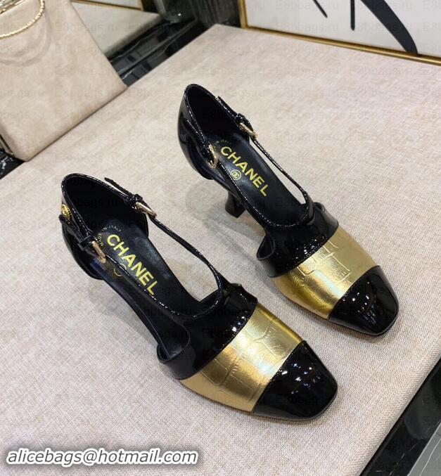 Discount Chanel Heel 9cm Patent Black/Embossed Matte Calfskin G34129 Gold Pumps 2019