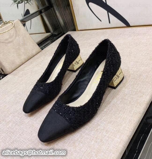 Grade Quality Chanel Heel 4cm Tweed/Grosgrain Pumps G34906 Black/Gold 2019