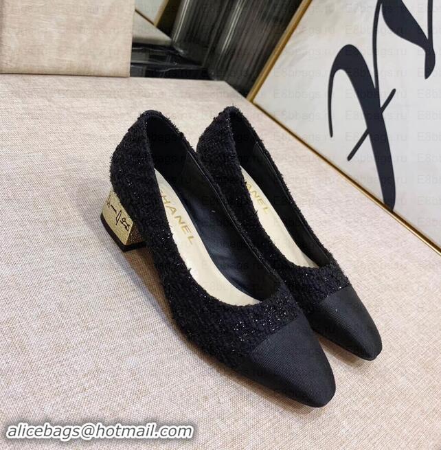 Grade Quality Chanel Heel 4cm Tweed/Grosgrain Pumps G34906 Black/Gold 2019