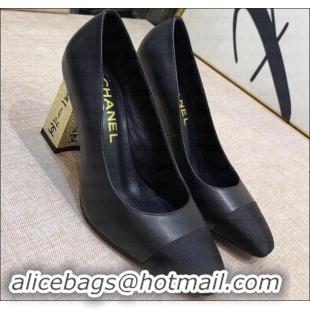 Discount Chanel Heel 8cm Lambskin/Grosgrain Pumps G34905 Black/Gold 2019