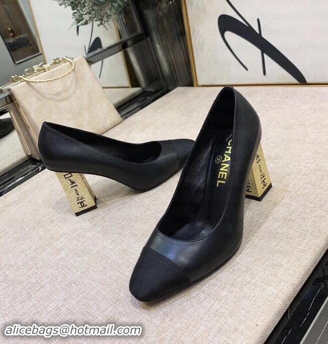 Discount Chanel Heel 8cm Lambskin/Grosgrain Pumps G34905 Black/Gold 2019