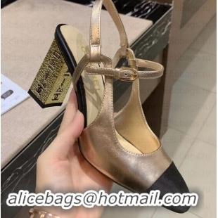 Fashion Chanel Heel 8cm Metallic Goatskin/Grosgrain Pumps G34907 Gold/Black 2019