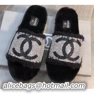 Classic Chanel CC Logo Shearling Mules Slipper Sandals G35233 Black 2019