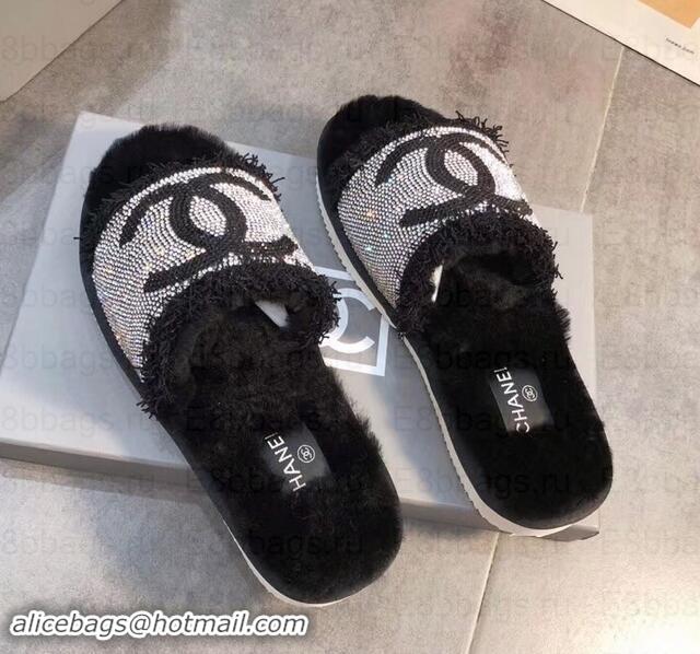 Classic Chanel CC Logo Shearling Mules Slipper Sandals G35233 Black 2019