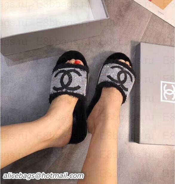 Classic Chanel CC Logo Shearling Mules Slipper Sandals G35233 Black 2019