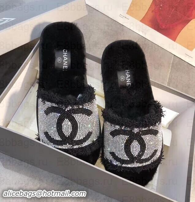 Classic Chanel CC Logo Shearling Mules Slipper Sandals G35233 Black 2019