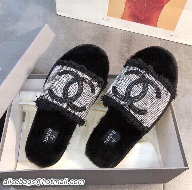 Classic Chanel CC Logo Shearling Mules Slipper Sandals G35233 Black 2019