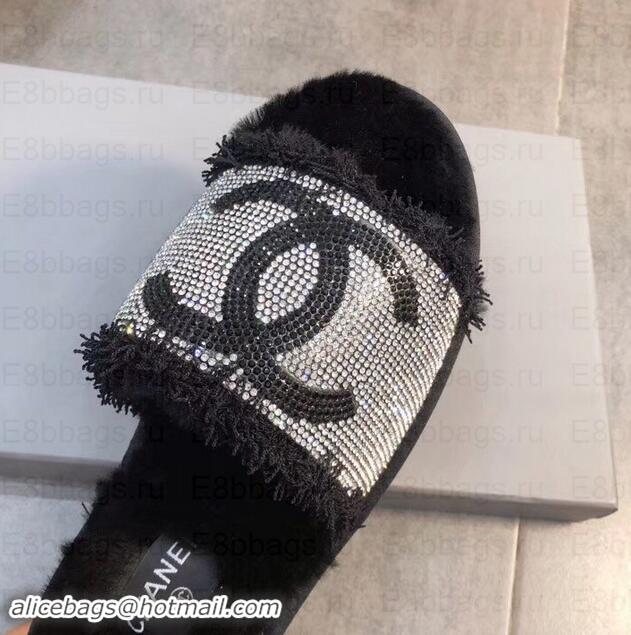 Classic Chanel CC Logo Shearling Mules Slipper Sandals G35233 Black 2019