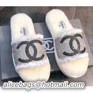 Classic Chanel CC Logo Shearling Mules Slipper Sandals G35233 Creamy 2019