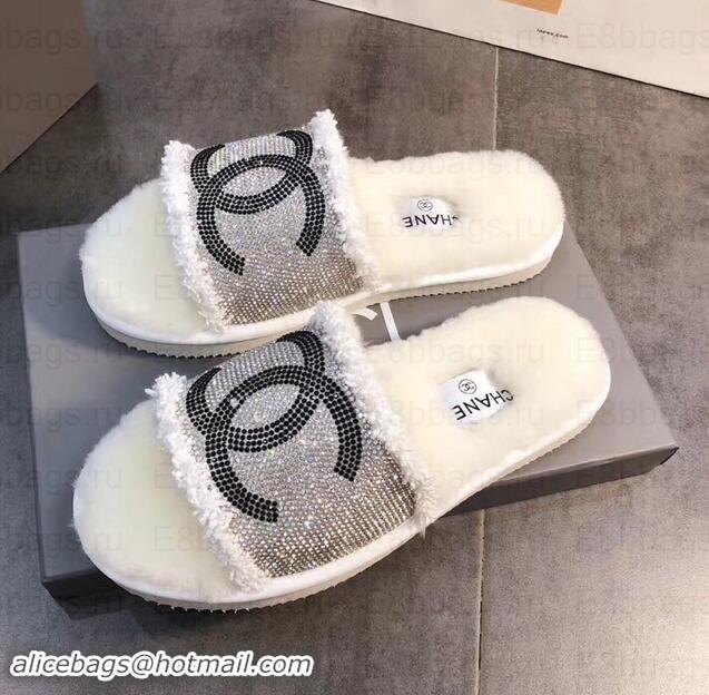 Classic Chanel CC Logo Shearling Mules Slipper Sandals G35233 Creamy 2019