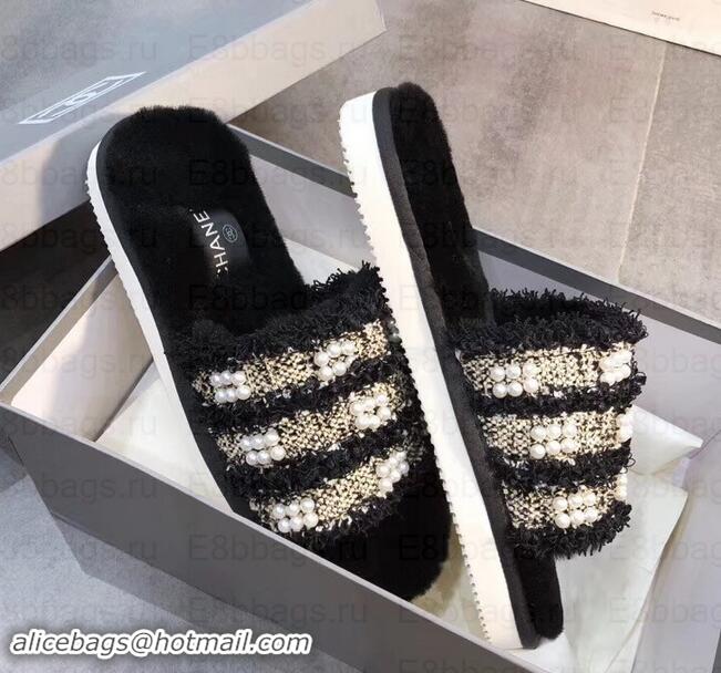 Shop Cheap Chanel CC Logo Shearling Mules Slipper Sandals Tweed Pearl G35234 Black 2019