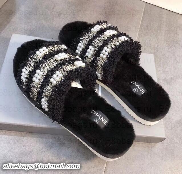 Shop Cheap Chanel CC Logo Shearling Mules Slipper Sandals Tweed Pearl G35234 Black 2019