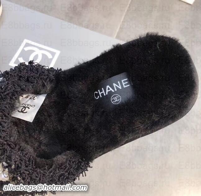 Shop Cheap Chanel CC Logo Shearling Mules Slipper Sandals Tweed Pearl G35234 Black 2019