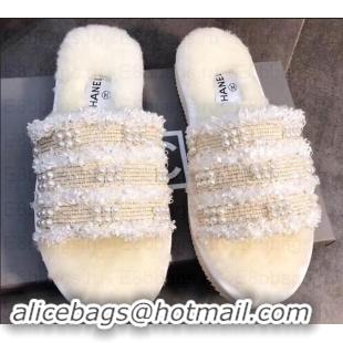 Feminine Chanel CC Logo Shearling Mules Slipper Sandals Tweed Pearl G35234 Creamy 2019