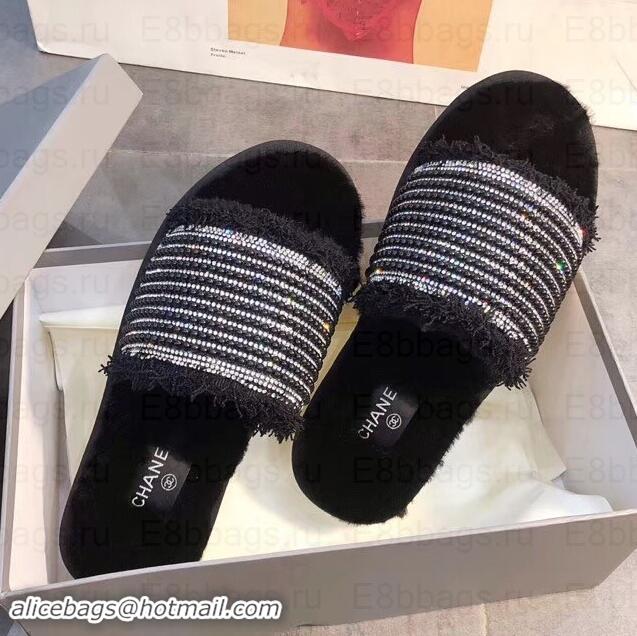 Classic Chanel CC Logo Shearling Mules Slipper Sandals Pearl G35235 Black 2019