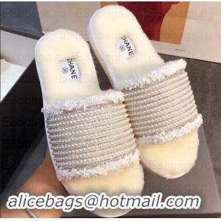 Good Quality Chanel CC Logo Shearling Mules Slipper Sandals Pearl G35235 Creamy 2019