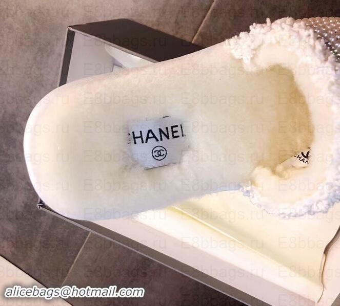 Good Quality Chanel CC Logo Shearling Mules Slipper Sandals Pearl G35235 Creamy 2019