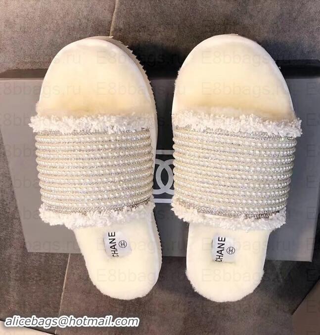 Good Quality Chanel CC Logo Shearling Mules Slipper Sandals Pearl G35235 Creamy 2019