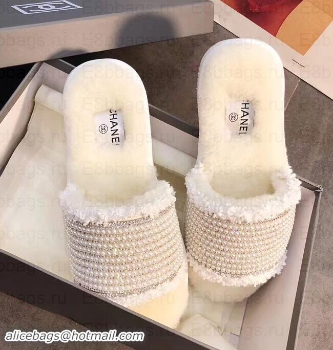 Good Quality Chanel CC Logo Shearling Mules Slipper Sandals Pearl G35235 Creamy 2019