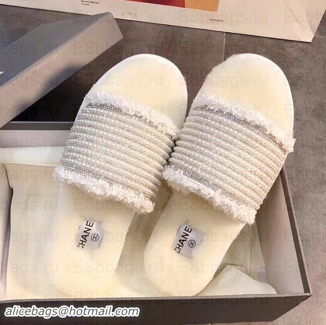 Good Quality Chanel CC Logo Shearling Mules Slipper Sandals Pearl G35235 Creamy 2019