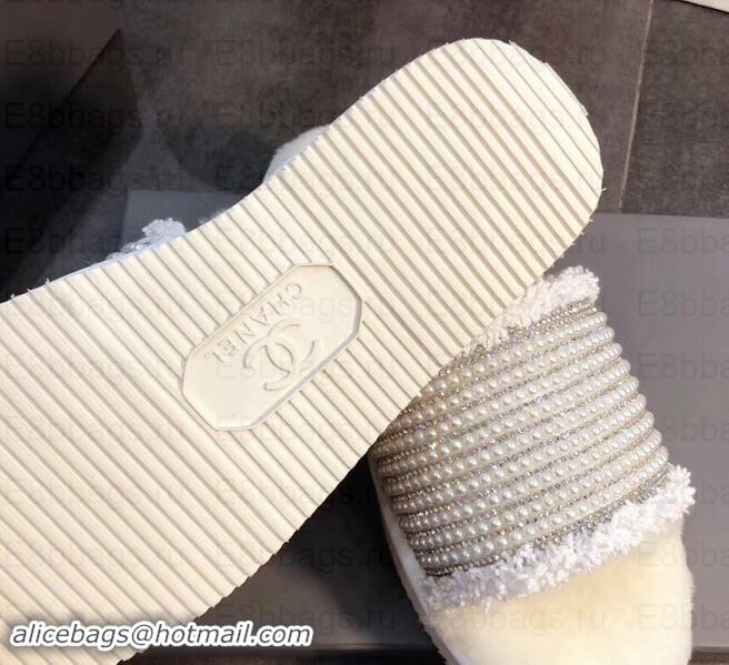 Good Quality Chanel CC Logo Shearling Mules Slipper Sandals Pearl G35235 Creamy 2019